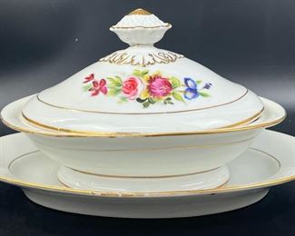 Fine Antique Old Paris Style Floral Patterned Gilt Trim Lidded Tureen & Oval Serving Bowl Signed on base B
