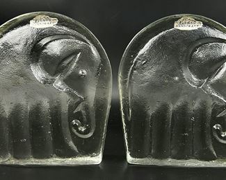 Pair Of Art Deco Blenko Art Glass Elephant Bookends African PlacodermMCM Mid century Modern
