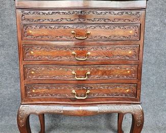 Fancy Vintage Hand Carved Brass Inlaid Queen Anne Style Chest Hinged Top
