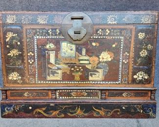 Fantastic Antique Asian Hand Painted Wood Trunk Chest Fancy Brass Hardware
