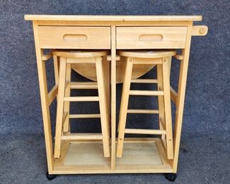 Rolling Butcher Block Table with Insert for 2 Stools - Great for a small space!
