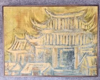 Vintage Framed Asian Pagoda Abstract Textile Art
