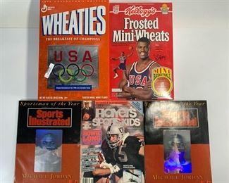 Vintage Sports Collectible Items - Two 1990 Kellogs Frosted Mini-Wheats Larry Bird Cereal ONE UNOPENED, 1989 UNOPENED General Mills Whole Grain Wheaties Jim Palmer Box, 1991 Baseball Hobby News Magazine and 1991 Fleer NBA Basketball Cards Ad
