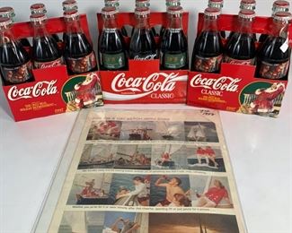 Three Vintage 1996-1997 Limited Edition Six Pack Coca Cola Soda - And A 1958 Sign Of Good Taste Coca Cola Advertising Poster In Great Condition - One 1996 Olympic Torch Relay Commemorative Bottle Series and Two 1997 Edition Christmas Bottles - All Bottles and Packaging In Great Condition
