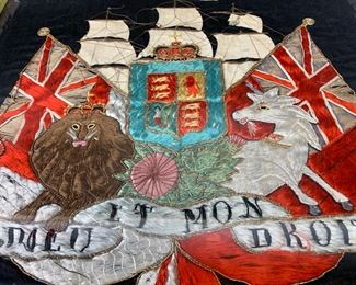 Antique 19th century British woolie Dieu Et Mon Droit Silk textile and embroidery depicting unicorn, lion and British Flags Gilt Framed
