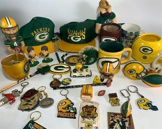 Vintage Green Bay Packers NFL Football Collectibles Lot - 1998 Topps Brett Farve, Mugs, Hats, Necklaces, Pins, Pencils, Keychains, Bobbleheads and More
