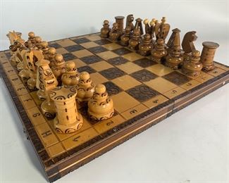 Beautiful Vintage Hand Carved Wooden Chess Set With Blown Up-Over Sized Pieces and Burned Etching On Pieces and Board
