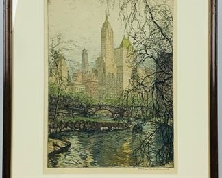 Original New York Central Park Etching Printed In Colors by T-Hoermes Kasimir -Signed By Artist - Framed and Matted
