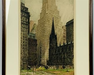 Original Trinity Church Etching Printed In Colors by T-Hoermes Kasimir - Signed By Artist - Framed and Matted
