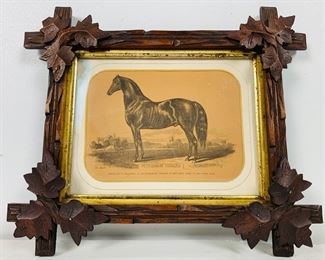 Antique Victorian State Fair Advert Lithograph of Petersham Morgan Horse - Signed by Theo, Maryden - Framed and Matted In Antique Acorn Leaf Frame
