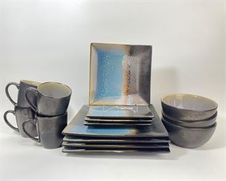 GIBSON ELITE MCM GLAZED BLUE AND BROWN POTTERY STONEWARE SET OF PLATES ; LARGE PLATES ; BOWLS AND MUGS
