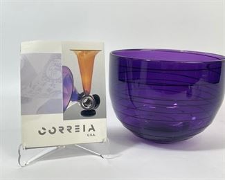 CORREIA ART GLASS PURPLE LINED SIGNED BOWL MCM Mid Century Modern
