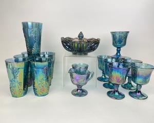 Vintage Indiana Glass Blue Carnival Harvest Grape Tumblers & Goblets and center piece bowl
