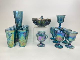 Vintage Indiana Glass Blue Carnival Harvest Grape Tumblers & Goblets and center piece bowl
