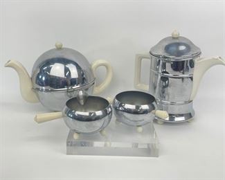 1930's EverHot Mid Century Modern Art Deco Century English chrome plated porcelain Tea Coffee Set
