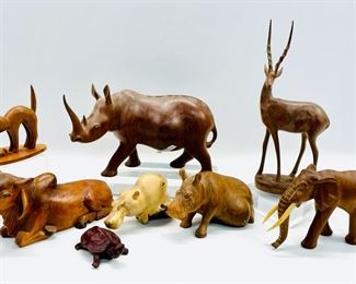 Vintage Hand Carved Wooden Animal Figurines Lot, Elephant, Cow, Rhinoceros, Turtle and more
