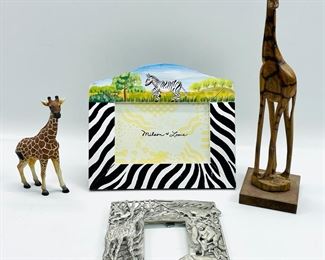 Hand carved wooden figurines and safari picture frames
