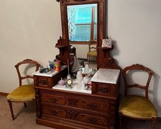 Victorian walnut dressing chest with marble top glove box’s mirror and candle shelf’s $775