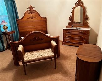 Victorian walnut high back full bed $675  Victorian walnut 3 drawer chest with marble top mirror with candle shelf’s and secret drawer $725