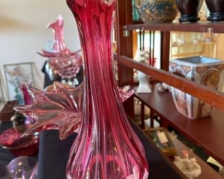 Czechoslovakian blown cranberry glass vase $85