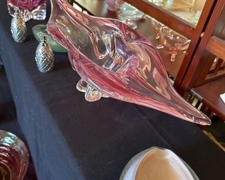 Elongated cranberry glass bowl $95