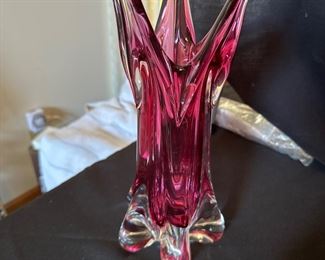 Beautiful design cranberry glass vase $85