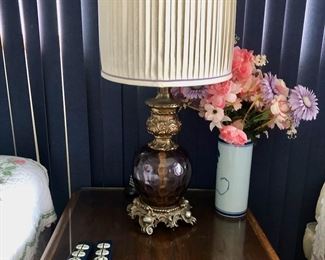 Mid Century Lane perception Walnut side table & amber lamp