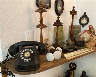 vintage phone, jewelry stands, porcelain knobs, banks, etc.
