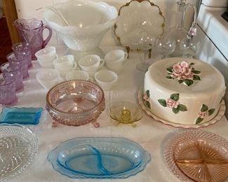 milkglass punch set, ceramic cake dome, colored glass