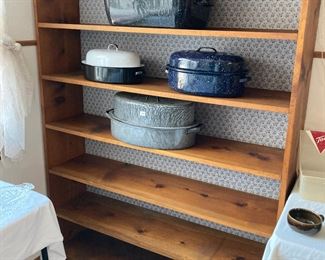 vintage enamel, pine shelves
