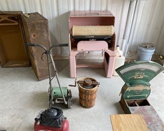 travel trunk, Maytag mangle press, vintage edger, compressor, scales