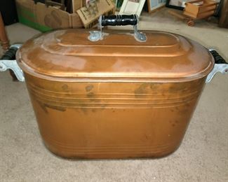 Extra tall copper boiler wash tub with lid. 13"h x 22.5"w x 12.5"d. $65