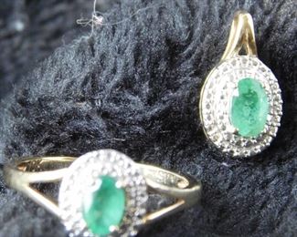 10K Gold Emerald & Diamond Ring & Pendant