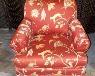 Beautiful Burgundy Tub Chair with Asian Patterned Accent Patterned Accent Motif