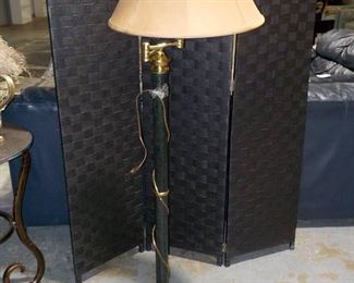 Brass and Metal Swing Arm Floor Lamp with Taupe Shade