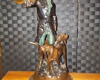 Elegant Signed Bronze Casting of a French Hunter with Hunting Dogs