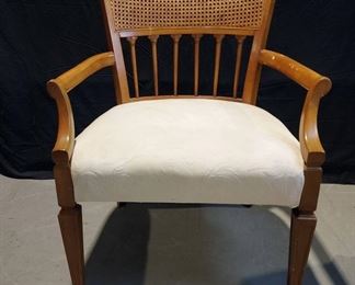 Mid Century Arm Chair with White Upholstered Seat and Cane Back