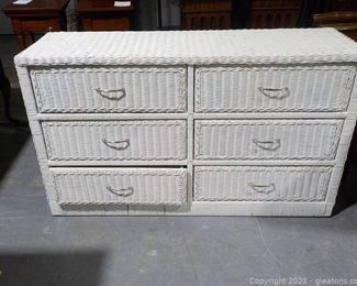 White Wicker Chest of Drawers with Silver Tone Pulls