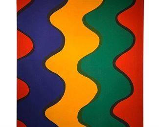 MID CENTURY WALL ART | Colorful sinusoidal mid-century modern fabric wall art stretched on a wood frame. -  l. 48 x w. 40 in