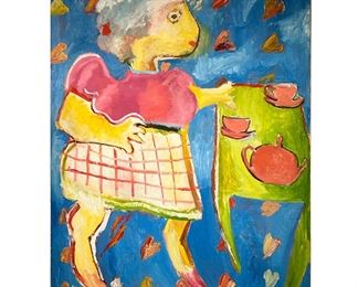 TEA LADY PAINTING | Mid-century, large painting, oil on canvas, showing a humanoid woman enjoying some tea; apparently unsigned. - l. 40.5 x w. 32 in