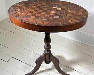 CHESSBOARD INLAID TABLE | Chessboard Pedestal Table with inlaid wood top. - l. 27 x w. 18.5 x h. 29 in