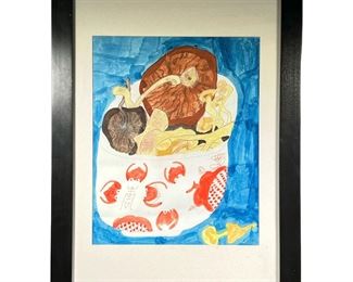 WATERCOLOR BASKET OF MUSHROOMS | Mushrooms in a Chinese bowl
Watercolor on paper
Signed lower right, "Robin Wh...er" (possibly Robin Wheeler?) -  l. 22.75 x h. 31 in (With Frame)