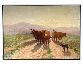 MARTIN COULAUD (1860-1906) PAINTING | Calf and Dog
Martin Coulaud (1860-1906) French Oil on canvas
Signed lower left
Oil on Canvas of Man driving cattle down the road with calf and dog in foreground
Stretcher has had steel strips added for reinforcement  on side edges. Additional wood piece attached to back for protection of canvas. - l. 26 x h. 18.5 in