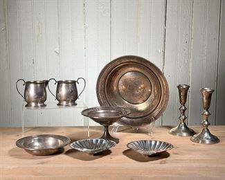 (9PC) STERLING SILVER GROUP | Sterling includes two Kirk & Son Scalloped dishes, Gorham Bowl, Compote, Pair Candlesticks, Small Bowl, Gumps Sugar & Creamer. - h. 2 x dia. 9.5 in (Gorham Bowl)