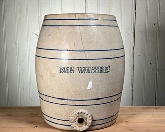 ICE WATER COOLER CROCK | Stoneware Crock stenciled "Ice Water", 3 gallon and marked with a 8 sided Star or Sun. - h. 12.5 x dia. 10 in
