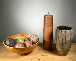 (3PC) MEG SMEAL POTTERY GROUP | Handmade art pottery, including a tall lidded vase with impressed "SMEAL" stamp mark, an unsigned vase, and a bowl with pottery fruits. - h. 4.5 x dia. 12 in (Largest Yellow Bowl)
