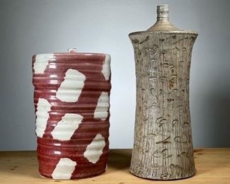 (2PC) ART POTTERY STORAGE JARS | Handmade Art Pottery Storage Jars with lids. - dia. 14.5 in (Red Plate Largest)