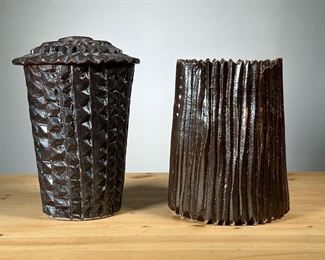 (2PC) TEXTURED POTTERY VASES | Brown textured vase and similar lidded jar. - h. 8.25 in (tallest)