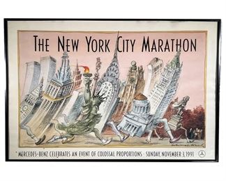 1991 NYC MARATHON POSTER | Commemorative print that reads: “The New York City Marathon” / “Mercedes-Benz celebrates an event of colossal proportions - Sunday, November 3, 1991”; framed behind glass. -  l. 25 x w. 36.5 in (overall)