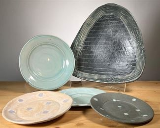 (5PC) MEG SMEAL POTTERY GROUP |  Handmade pottery by Meg Smeal and other studio potters; some pieces unsigned. - l. 13.5 x w. 13.5 x h. 2 in (Largest Triangle Plate)